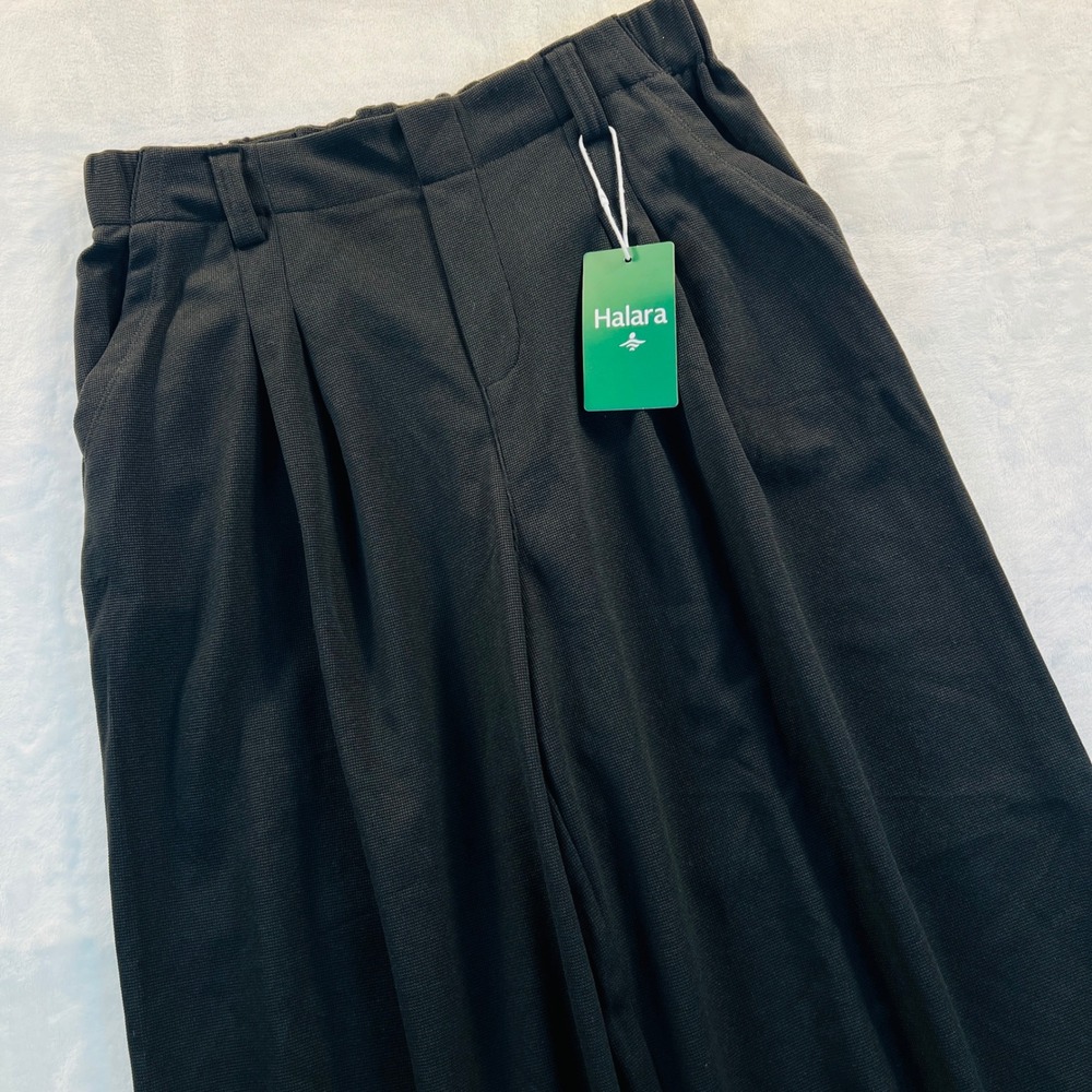 Halara Black Waffle Knit Wide Leg Pleated Work Pants High Waisted Petite Medium